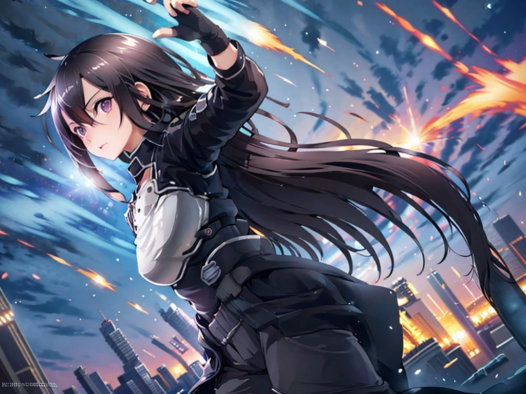 1 girl, cowboy shot, beautiful Kirito_GMOs, long hair, black hair, black eyes, on open air, Kirito_suit, night,city , volumetric lighting, Best quality, masterpiece, complex parts, tone mapping, sharp focus, hyper detailed, trending on artstation