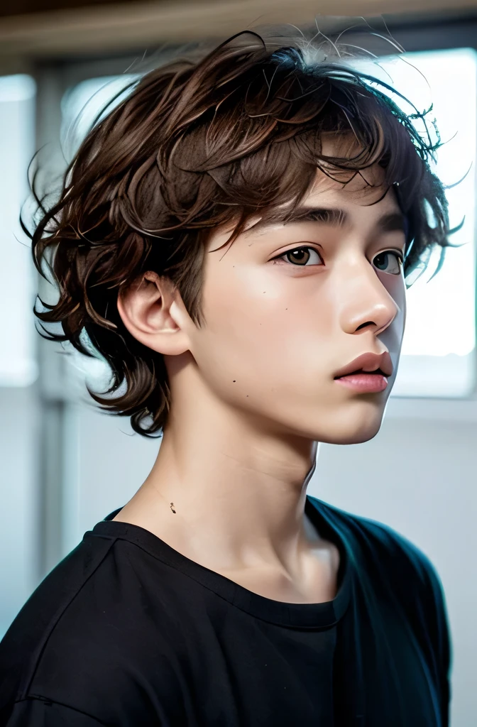 Highest quality、Highest quality、Science fiction、masterpiece、16 year old boy、Short, chestnut-colored hair、Curly hair