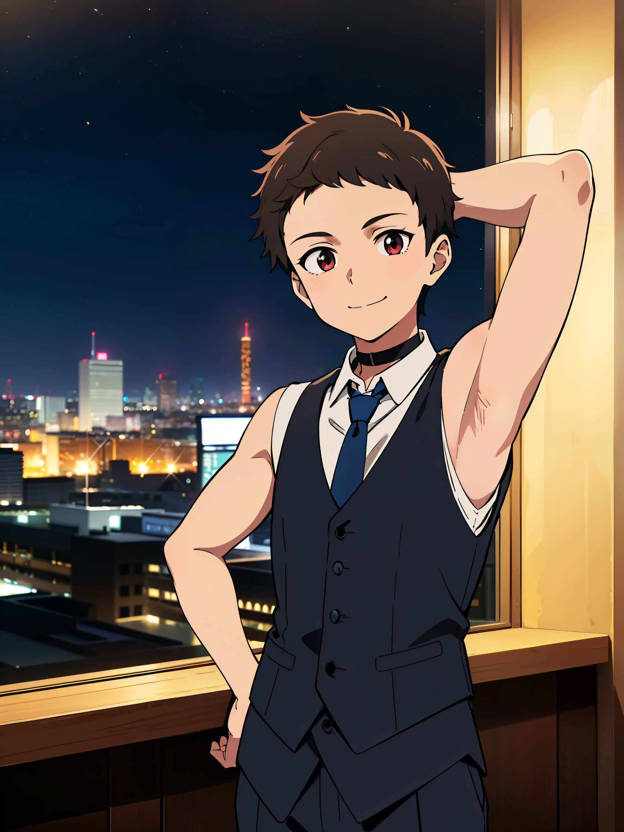 Highres, Masterpiece, Best quality at best,Best Quality,hight quality, hight detailed, Anime style, 1boy, Boy, Little boy, Shota, Solo person, Sleeveless vest, Tie, Choker, Casino, Waiter, night day, Slim body, smile, Body, in front of a table, large windows overlooking the city in the background, Seen from the front, The armpits of a 12 year old boy, Adorable little armpits, (Showing armpit:1.3), (very young boy), (very small and short body), Age 12,Uhd, bokeh