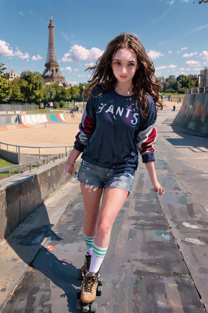 The young skater dominates the street skate park with her fearless skill and style. Posing for a photo, the fisheye lens perspective captures the entire scene in an immersive and dynamic way. Inspired by photorealism digital illustration, she has dark brown curly hair, expressive brown eyes, a captivating smile and a confident posture. Her skin is light brown and she wears comfortable sportswear in shades of blue, white and red, such as t-shirts, pants and sneakers.

The scene takes on a magical touch with the delicate iridescent fairy wings sprouting from her back, adding a magical element to her performance. The surrounding Olympic-style skate park, a challenging and exciting terrain, is filled with urban obstacles such as handrails, stairs, ledges and ramps, which test and showcase the athletes' exceptional skill.

The surrounding countryside adds to the vibrant atmosphere, with lush gardens and colorful flowers creating a visually stimulating setting. In the background, the elegant architecture of the Eiffel Tower stands out against the blue sky with soft clouds, adding a touch of sophistication and beauty to the scene.