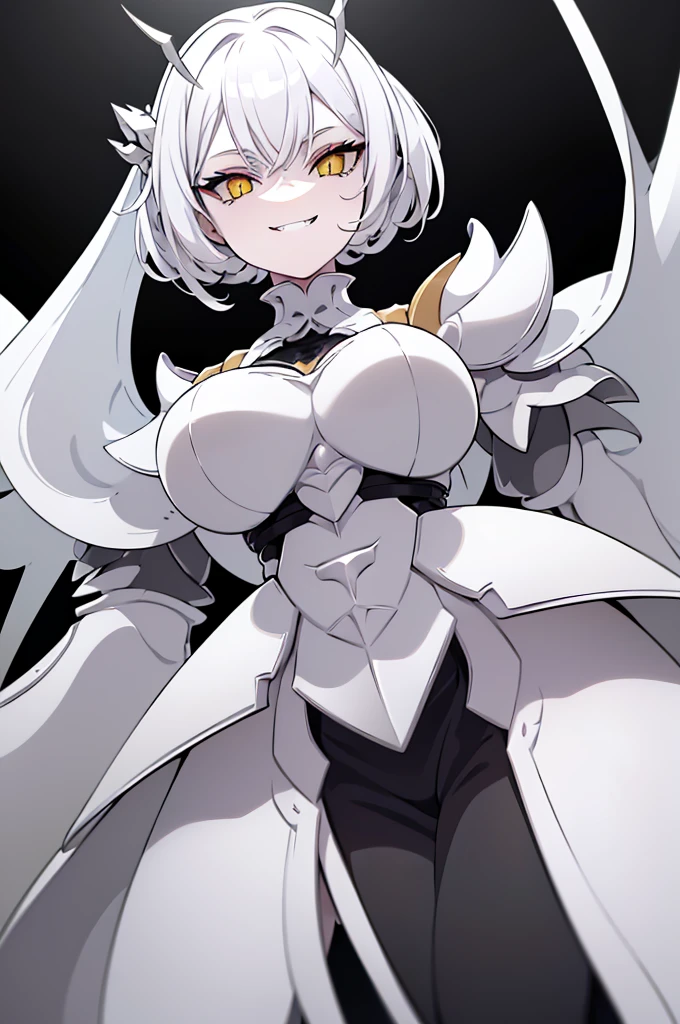 (masterpiece), best quality, expressive eyes, perfect face, a white bug girl, two antennae, short white spiky hair, blunt hair, ((dark black sclera)), yellow eyes, smiling, sharp teeth, ((white color flesh skin tone)), armor bra, ((organic armor clothes)), looking at viewer, ((shot from below)), close up