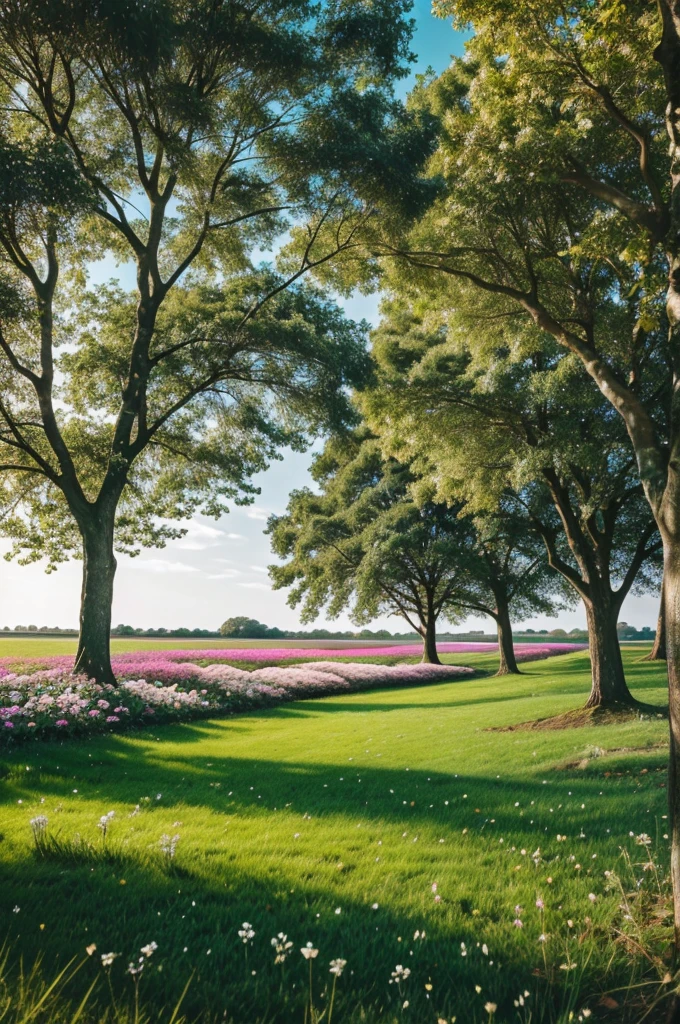 (grass ground) (trees) (flowers) (sky) (bokeh blur)