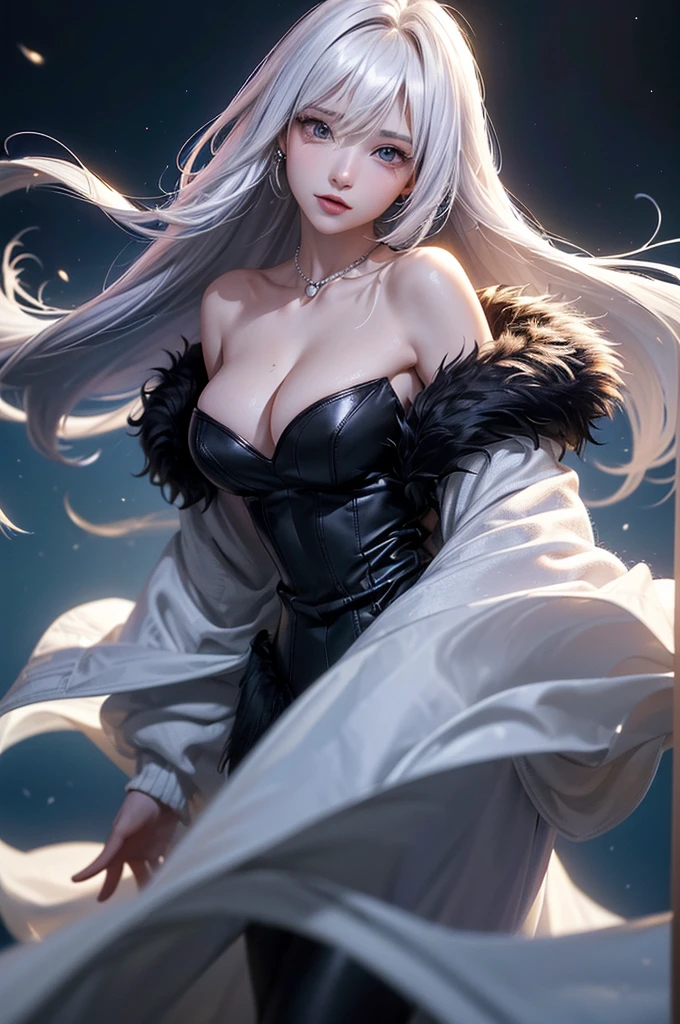 ((masterpiece:1.5、8K、Tabletop、フォトリアリスティックでVery detailedなCG、Very detailed、Particle Effects、Dynamic Effects、Shallow depth of field、Cinematic Light、Lens flare、Ray Tracing、Tabletop、Realistic:1.4、Ultra-high resolution:1.2、Realistic、Realistic))((alone、,A woman wearing a black fur coat over an off-the-shoulder sweater:1.4、Elegant and sexy woman、Detailed face、bright表情、young, bright, Whiter skin、medium breasts、Beautiful cleavage、Best Looks、Asian、Ultimate beauty、bright and shiny hair,、Super long, Silky straight hair、Hair dancing in the wind))(spectacular night sky、White Nights、Fantastic starry sky)((White hair with shiny highlights))