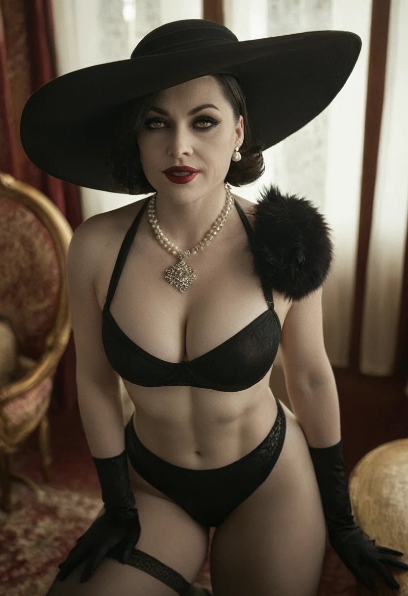 cinematic film still of Alcina Dimitrescu, Mrs. Dimitrescu, muscular, bodybuilding, Women, High angle from above, dramatic light, big old, Dimitrescu, White skin, pale skin, Red lips, Alcina Dimitrescu, Mrs. Dimitrescu, muscular, a Women in a black has and lingersuit posing for a picture, 1 girl, Alone, old, looking at the viewer, short hair, black fur, Thighs, has, neckline, jewelry, underwear, panties, earrings, teeth, collar, GOOD, huge old, black hats, make up, lipstick, clenched teeth, black GOOD, pale skin, sun has, Women madura, hanging old, Pearl collar, veiny old, shallow depth of field, viñeta, Very detailed, high budget, bokeh, cinemascope, moody, epic, gorgeous, film grain, grainy, High saturation