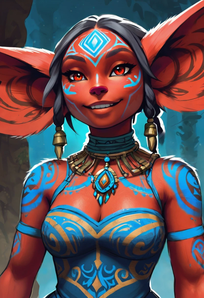 Create an illustrated, hand-drawn, full-color masterpiece with warm lighting and shadows. Incorporate graphite shading, stencil marks, and airbrushed acrylic paint in the style of "Breath of the Wild." The image should feature a beautiful goblin woman with a humanoid, furry appearance and large ears shaped like those of an elephant. She has red skin, bright eyes, luscious thick fleshy lips, and a wide smile. Depict her with a perfect, symmetrical face and a curvy hourglass figure with large breasts. Her face, neck, and arms are covered in intricate blue tattoos, adding a mythic beauty to her. She is wearing a long, flowing, lacey dress with a high neck and long billowing skirts. The background should be detailed and sharp, adding to the overall high-resolution, best quality, and detailed art piece. Olivia Munn
