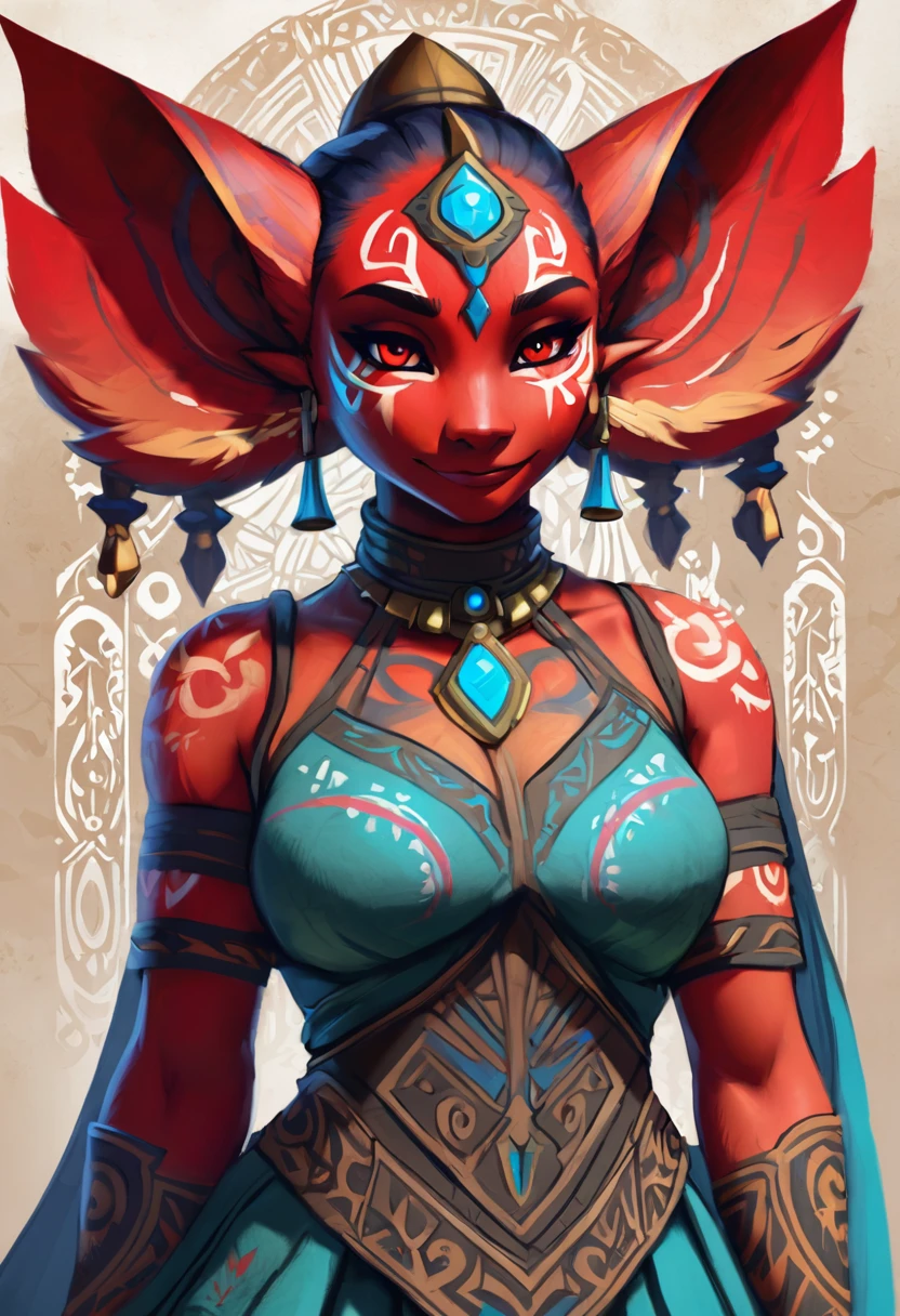 mipha \(zelda\), nsfw, realistic nipple, asymmetrical breasts, (masterpiece), in the style of Granblue Fantasy, solo, loli, flat chest, small breasts, ((red skin)), matching nipples, (detailed background, depth of field, half body shadow, sunlight, ambient light on the body), (intricate:1), (high detail:1.3), (unreal engine:1.2), (soft focus:1.15), (masterpiece, best quality, 4k, 2k, shaded, absurd res) (hands, realistic hands, five fingers) ((nsfw))