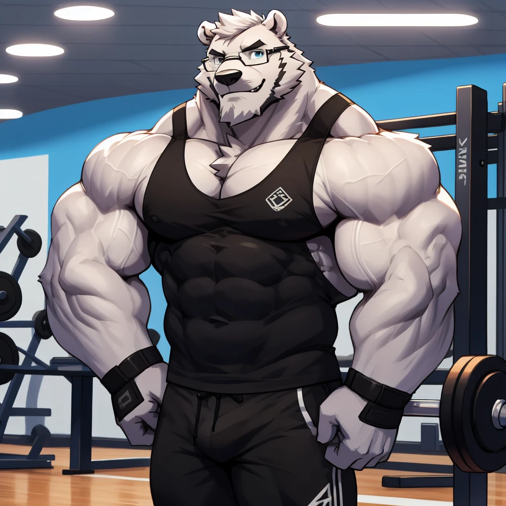 solo, 1boy, Huge Muscular White Polar Bear wearing glasses, huge white fur, pectoral, huge pectoral, wide pectoral, short white hair, blue colored short pants, blue colored wristbands and blue colored tank top, white bearded, white Mustache, white fur, gym background, masterpiece, high detailed, 8k, high resolution, at the gym, flexes pectorals