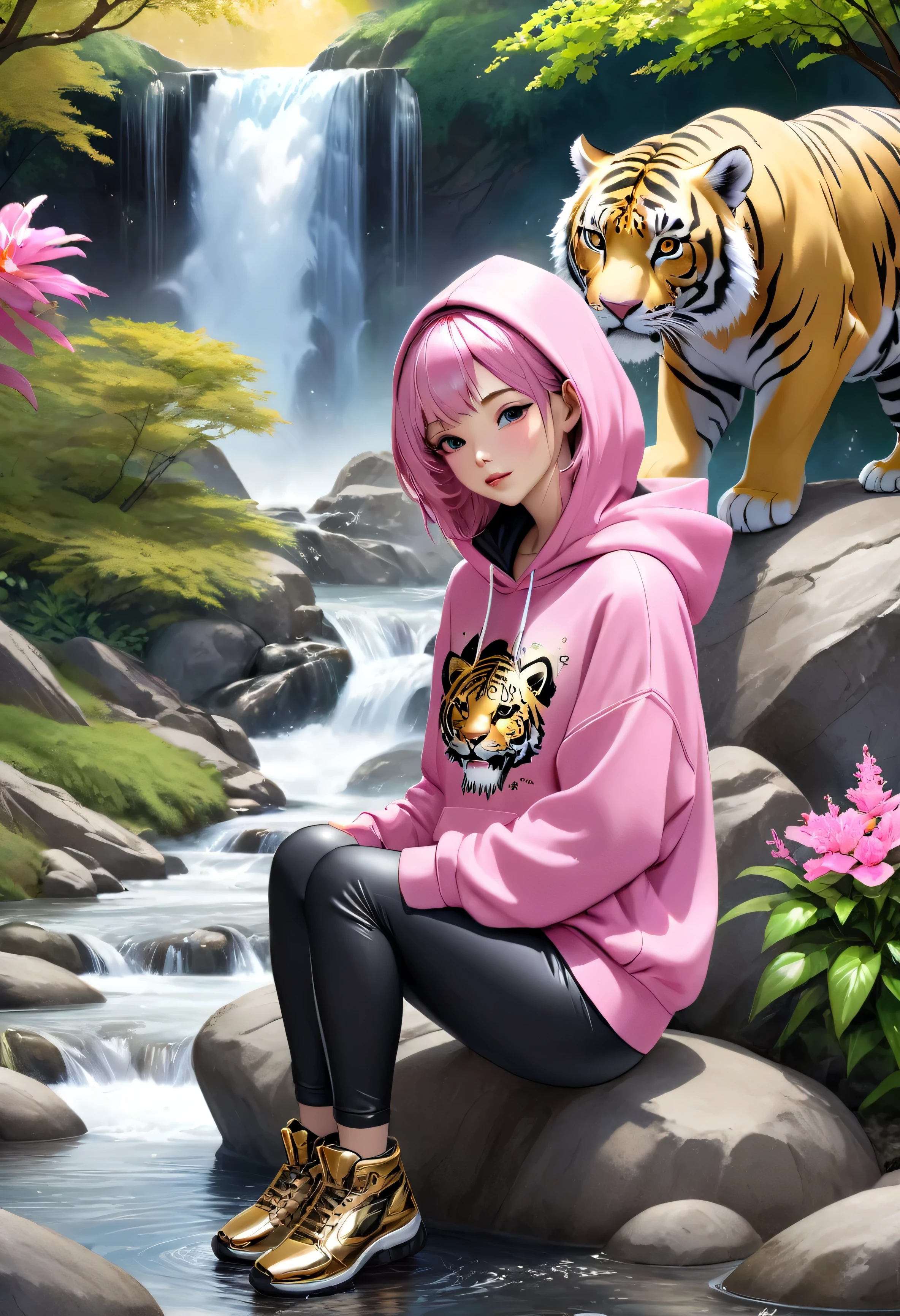 3D realistic image of a beautiful woman wearing a pink and black hoodie with a stylish gold and black image on it, sitting on a rock surrounded by a stream, beside the white and black thunder tiger that she was hugging sweetly, in the garden forest flowers with a waterfall in the background.