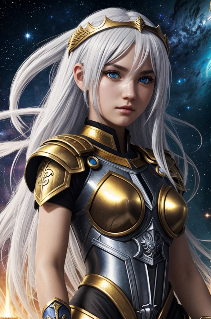 Oc knights of the zodiac White hair girl, gray eyes with small galaxies in the middle of the pupils, excellent body, Beautiful face, goddess of destruction and death, underworld princess, daughter of the goddess Athena, goddess of destruction and death, golden knight of sagittarius