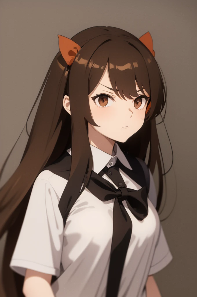 anime style, girl, long brown hair, brown eyes, brown blouse and underneath a white t-shirt and a black bow at the neck, white background, angry look