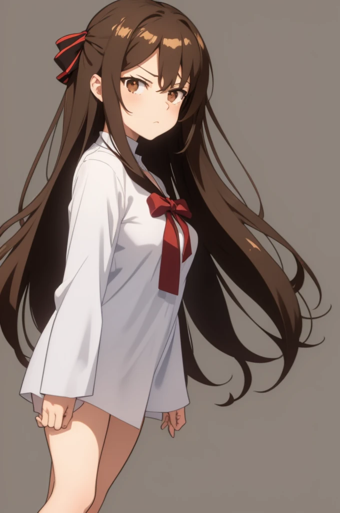 anime style, girl, long brown hair, brown eyes, brown blouse and underneath a white t-shirt and a black bow at the neck, white background, angry look