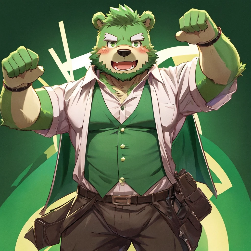anthro, kemono, male, (((green bear))), (((green fur))), green hair, beard, white eyebrows, roll up shirt with his mouth, sexy, blush, wink, simple background, victory poses,