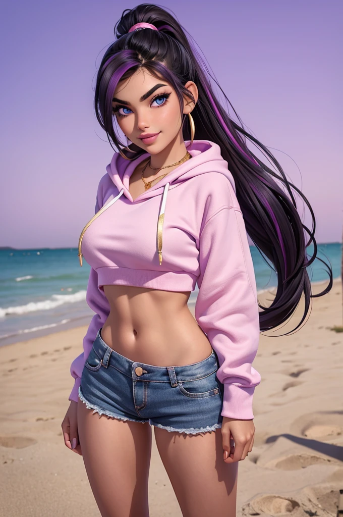 beautiful, 18 year old girl, slim body, (black hair [purple highlights]), blue eyes, pink lipstick, mascara, blush, beautiful eyebrows, white crop top hoodie, soft skin, gold necklace, ponytail, short shorts, smirk, on the beach, (full body shot), looking back at the viewer