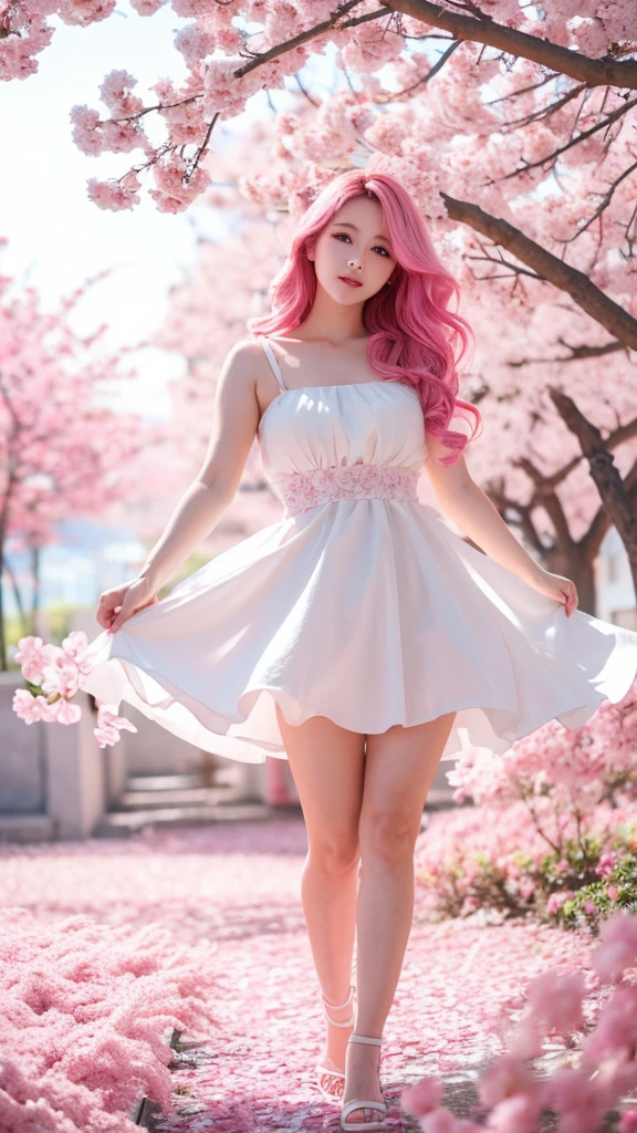 bright pink hair, pink eyes, pink and white, sakura leaves, vivid colors, white dress, paint splash, simple background, ray tracing, wavy hair, full body