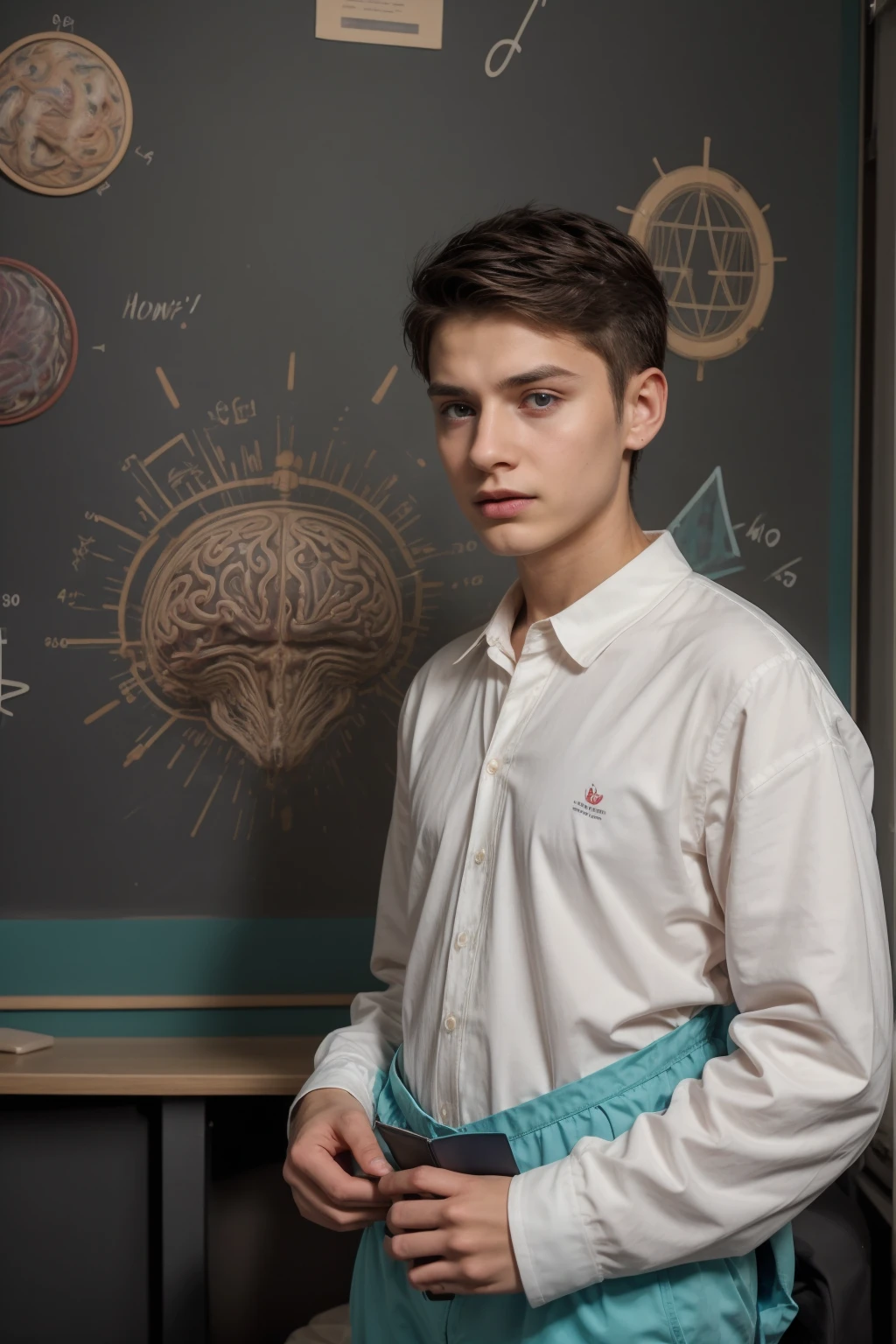A beautiful young male twink, cute, with black hair, a face with reddish make-up, wearing a bright white long-sleeved shirt and aqua blue pants, and he is in his office, and behind him is a blackboard on which is written the shape of the brain and its ???????, and nuclear energy comes out of it, and he looks in amazement and shock.