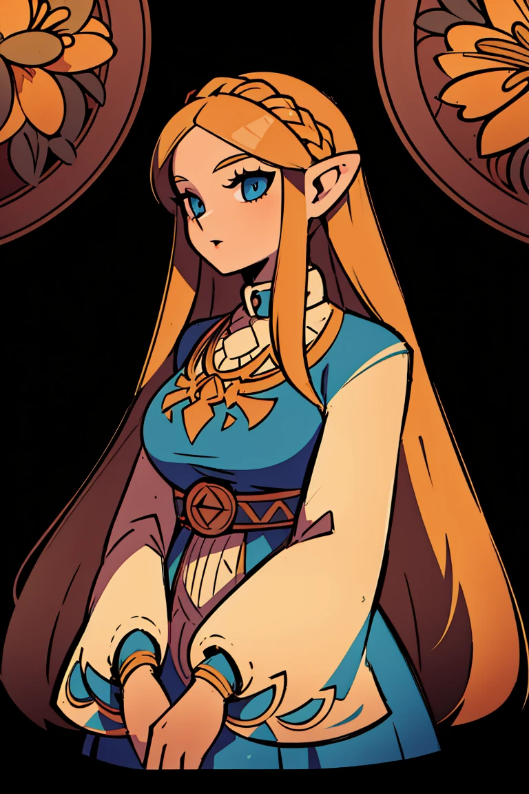 Stand in front of the photo, (portrait),a beautiful princess zelda, detailed intricate dress, detailed face, detailed eyes, detailed lips, long flowing hair, serene expression