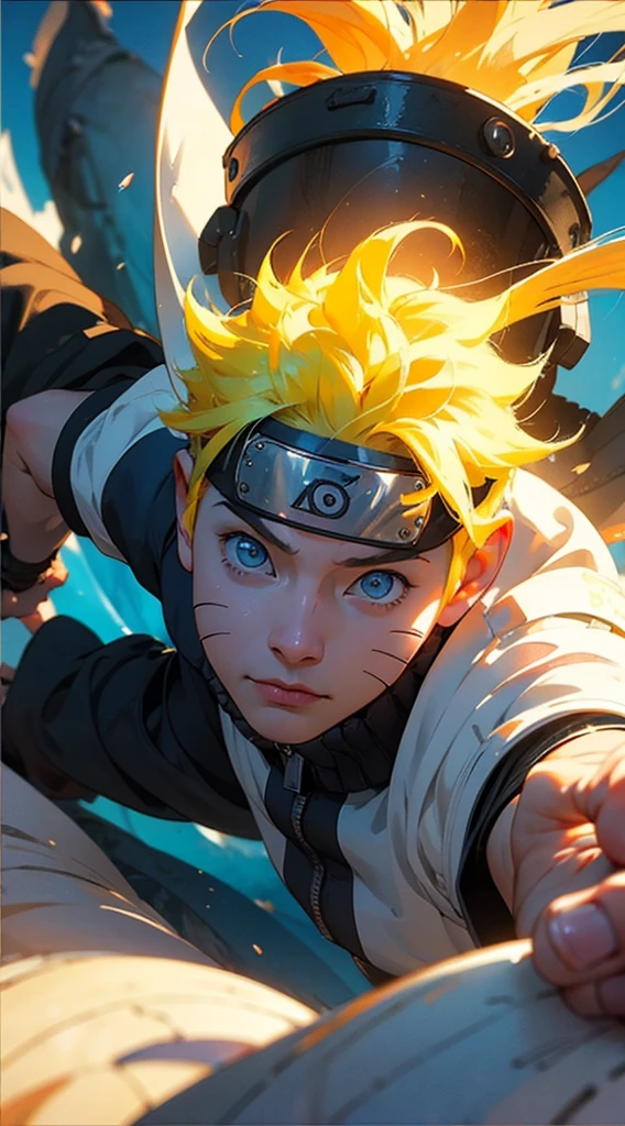Macro photography of a whimsical watercolor illustration featuring cute naruto uzumaki, created in the style of Miki Asai with a close-up view, blue colour eye , capturing hyper-detailed textures trending on Artstation, sharp focus, taken as a studio photo showcasing intricate details, highly detailed, with the artistic influence of Greg Rutkowski, digital painting, ultra-clear, ultra-realistic.visually stunning and innovative 3D Parallax image with a cutting-edge 4D background