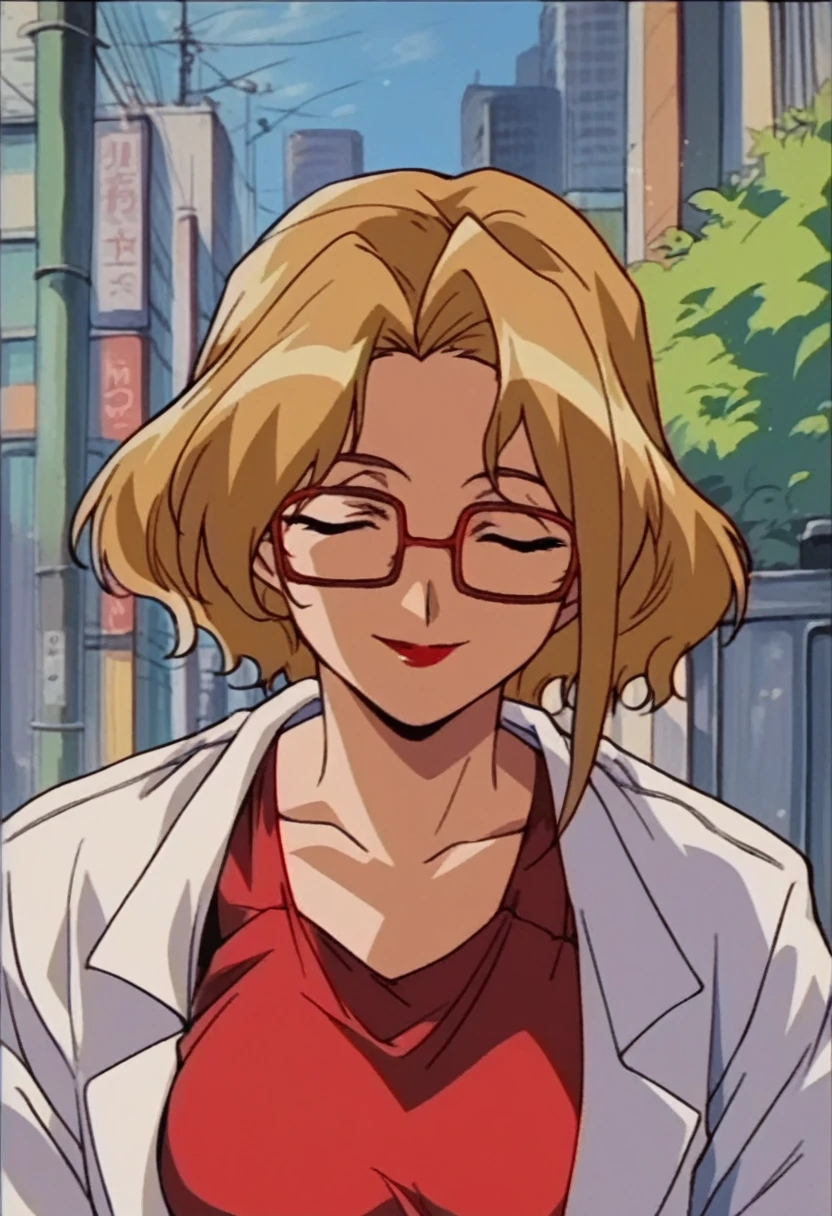 rating_explicit, beautyful mature woman, Shion Karanomori based, blonde wavy hair, encorped body, red glasses, red lipstick, smile, red low-cut dress, white jacket,in city, morning