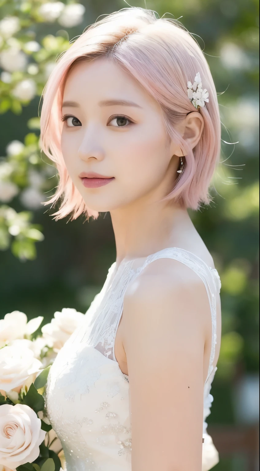 Haruno sakura, ((alone)), alone, bride, Wearing a white wedding dress, Queen, Happy, ((Show your forehead)), Are standing, Entering the Church, Pink Hair, short hair, delicate, young, short hair, Detailed face, High resolution, ((whole body)), (Flowers around her), whole body, she is a beautiful woman getting married, High quality face, beautiful, Shine