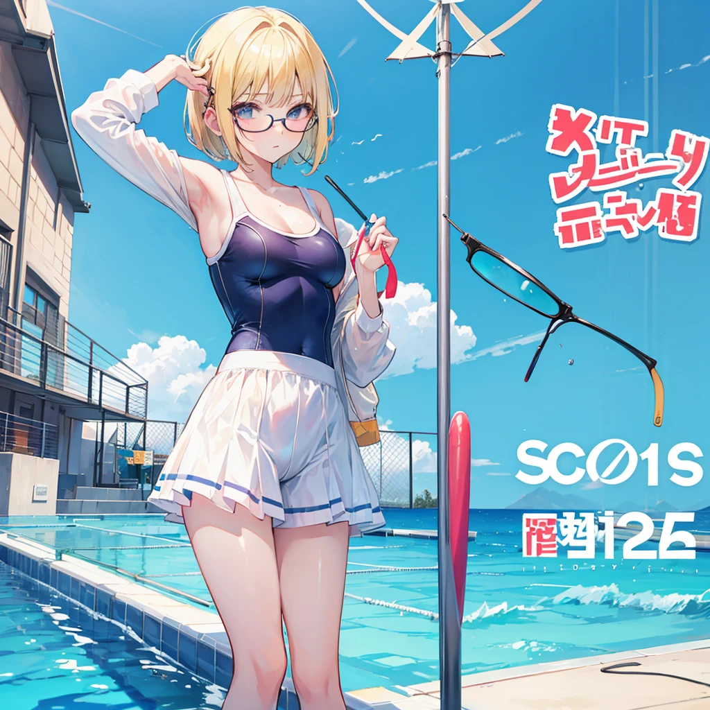 high quality,School Swimsuit,Short Bob,Blonde,Glasses,Pool