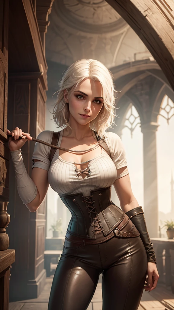 Ciri, The Witcher, beautiful face, smile, platinum blonde hair, thin cotton tee shirt, underbust corset, tight brown leather pants, toned body, thin and , facing camera, sexy pose, castle exterior