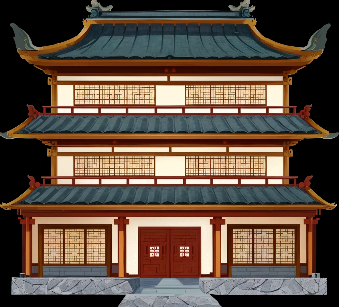 a cartoon illustration of a chinese building with a door and windows, an extremely detailed building, zen temple background, japanese temple, european japanese buildings, japanese house, ancient japanese architecture, digital painting of a pagoda, chinese building, temple background, japanese architecture, japanese temples, background depicting a temple, a temple, inspired by Tōshi Yoshida, temple