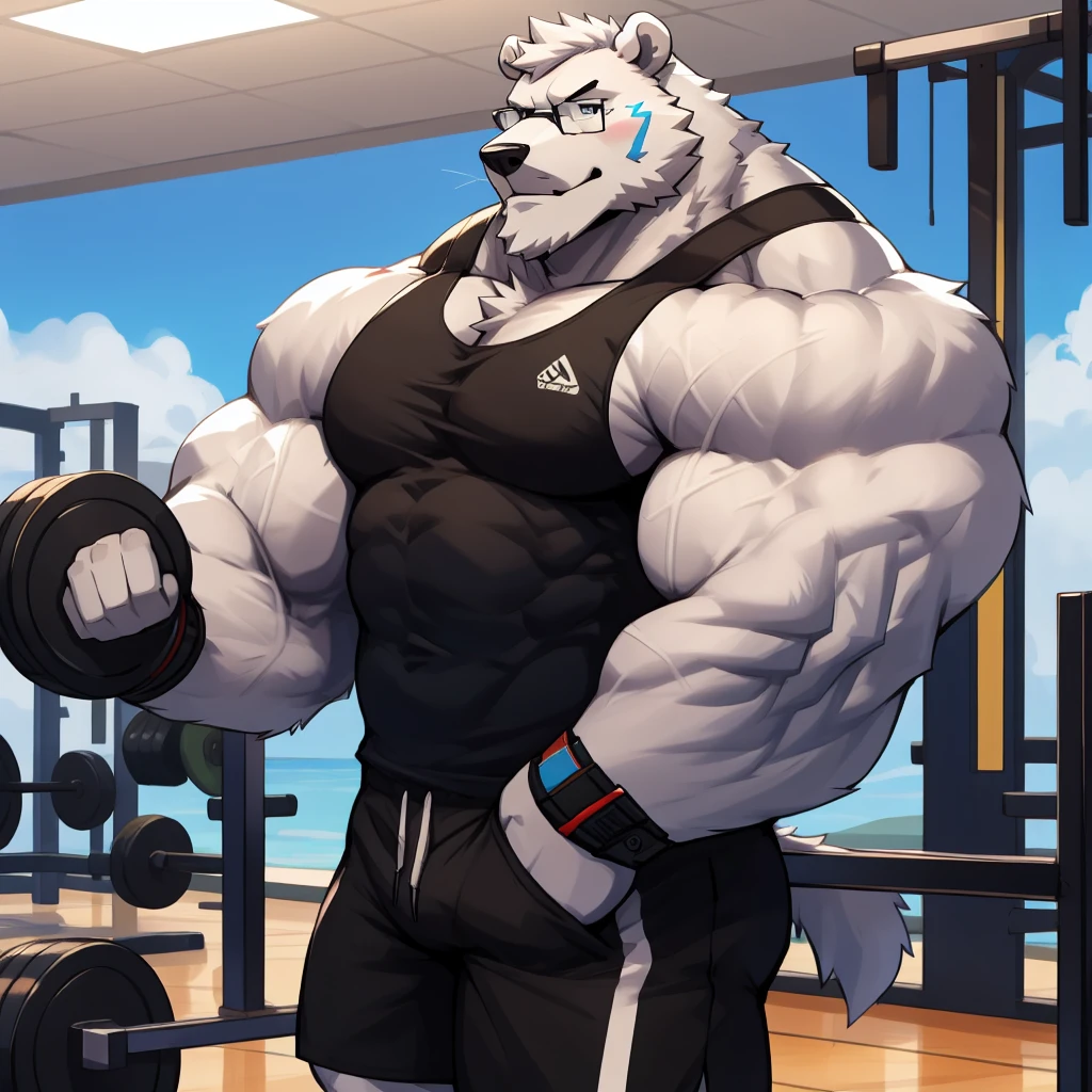 solo, 1boy, Huge Muscular White Polar Bear wearing glasses, huge white fur, pectoral, huge pectoral, wide pectoral, short white hair, blue colored short pants, blue colored wristbands and blue colored tank top, white bearded, white Mustache, white fur, gym background, masterpiece, high detailed, 8k, high resolution, at the gym, double biceps arms flex