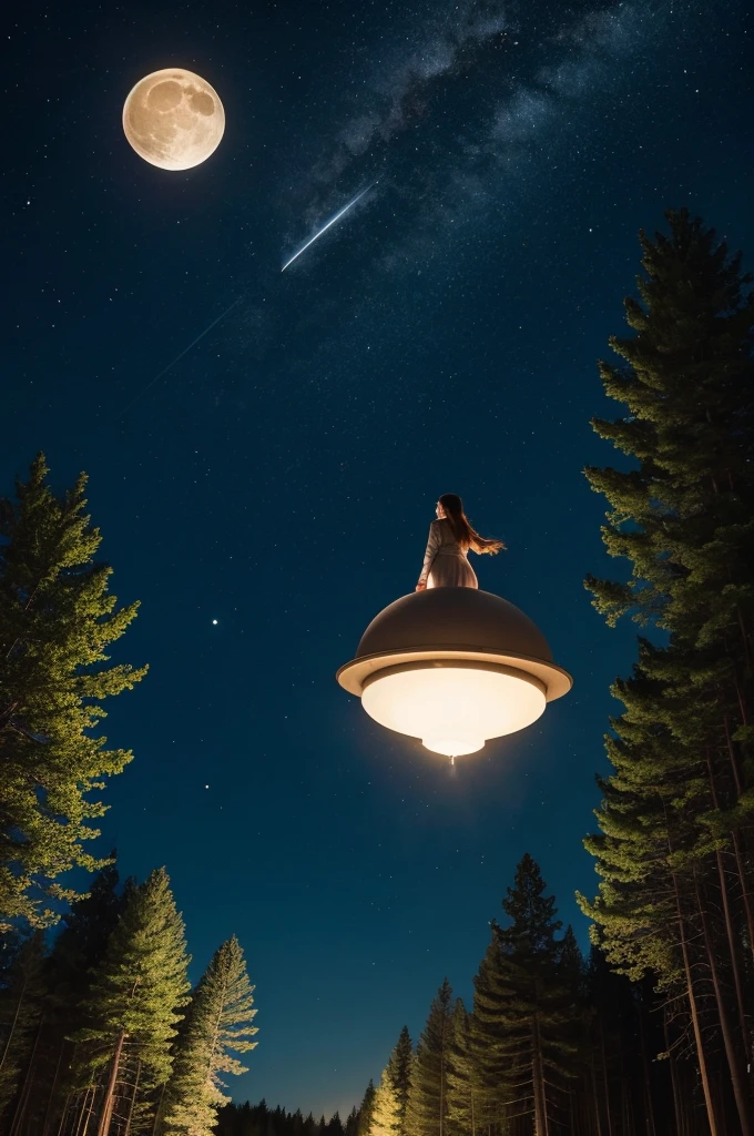 Woman, forst, It's night, Moon in the sky, A flying saucer in the sky 