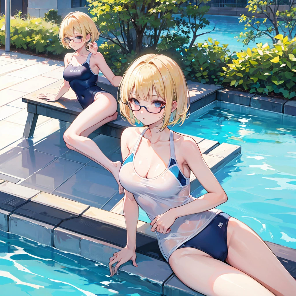 high quality，School Swimsuit，Short Bob，Blonde，Glasses，Pool，Sexy pose that emphasizes the breasts