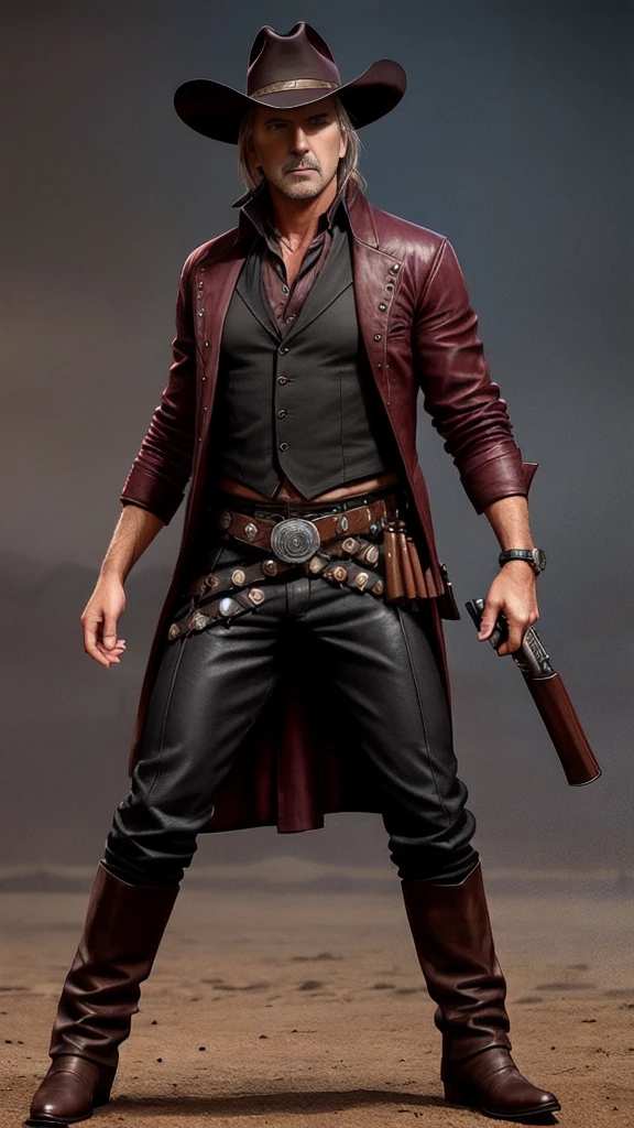 (Kevin Costner) as Erron Black from Mortal Kombat, maroon cowboy outfit, cowboy hat, 2 revolvers, 1man, solo, full body view, front view, looking at viewer, intricate, high detail, sharp focus, dramatic, photorealistic painting art by greg rutkowski