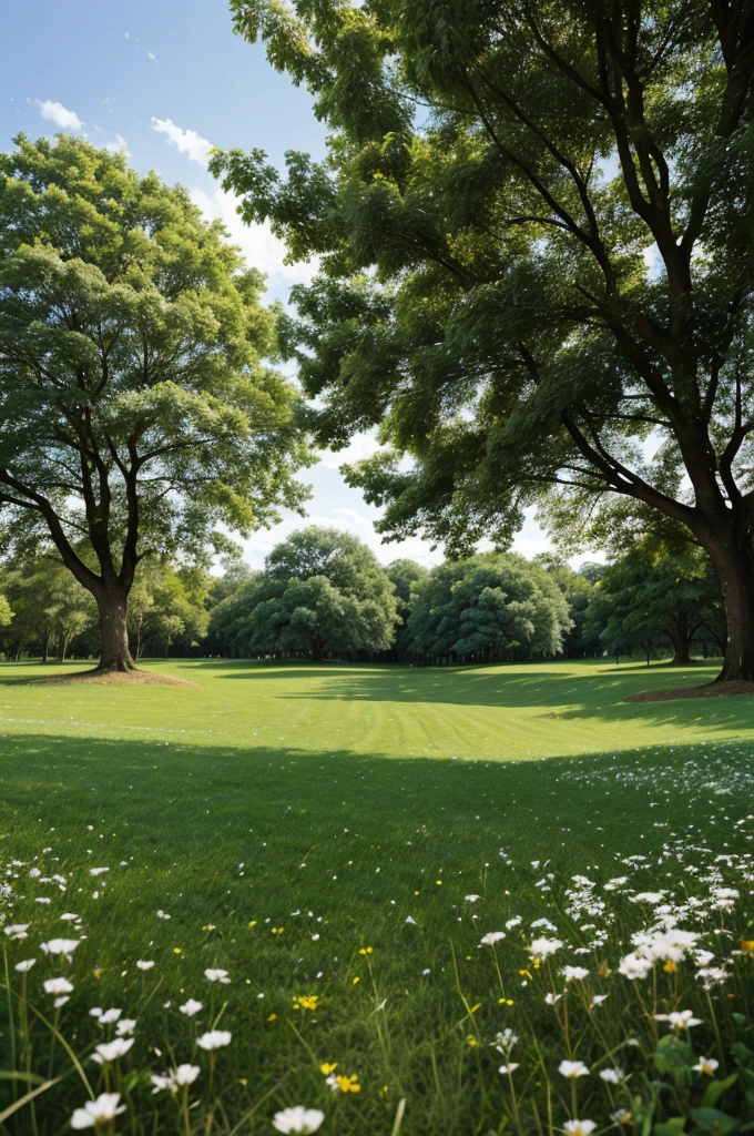 (grass ground) (trees) (flowers) (sky) (bokeh blur)