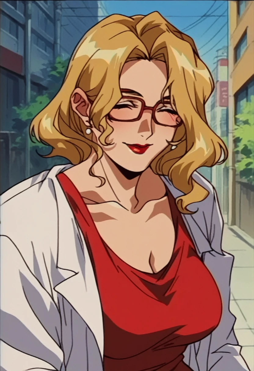 rating_explicit, beautyful mature woman, Shion Karanomori based, blonde wavy hair, encorped body, red glasses, red lipstick, smile, red low-cut dress, white jacket,in city, morning milf