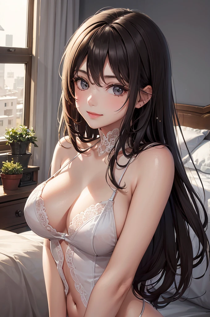 (Best Quality,High resolution,8K,finelity detailed background,Masterpiece:1.2),beautiful girl,Shiny khaki hair,messy hair,khaki eyes,Gentle look,A refreshing look,Best quality,Best Quality,Aesthetic and aesthetic:1.2,Best details((Super detailed))(High-definition CG illustrations),Black underwear (black,intricate lace),bodystocking,Slender body,Late Night,Moonlit Night,Bedroom,On the bed,smile,blush,cute,Scrounge,Looking up,Being spoiled,super model,on back,shoot from below