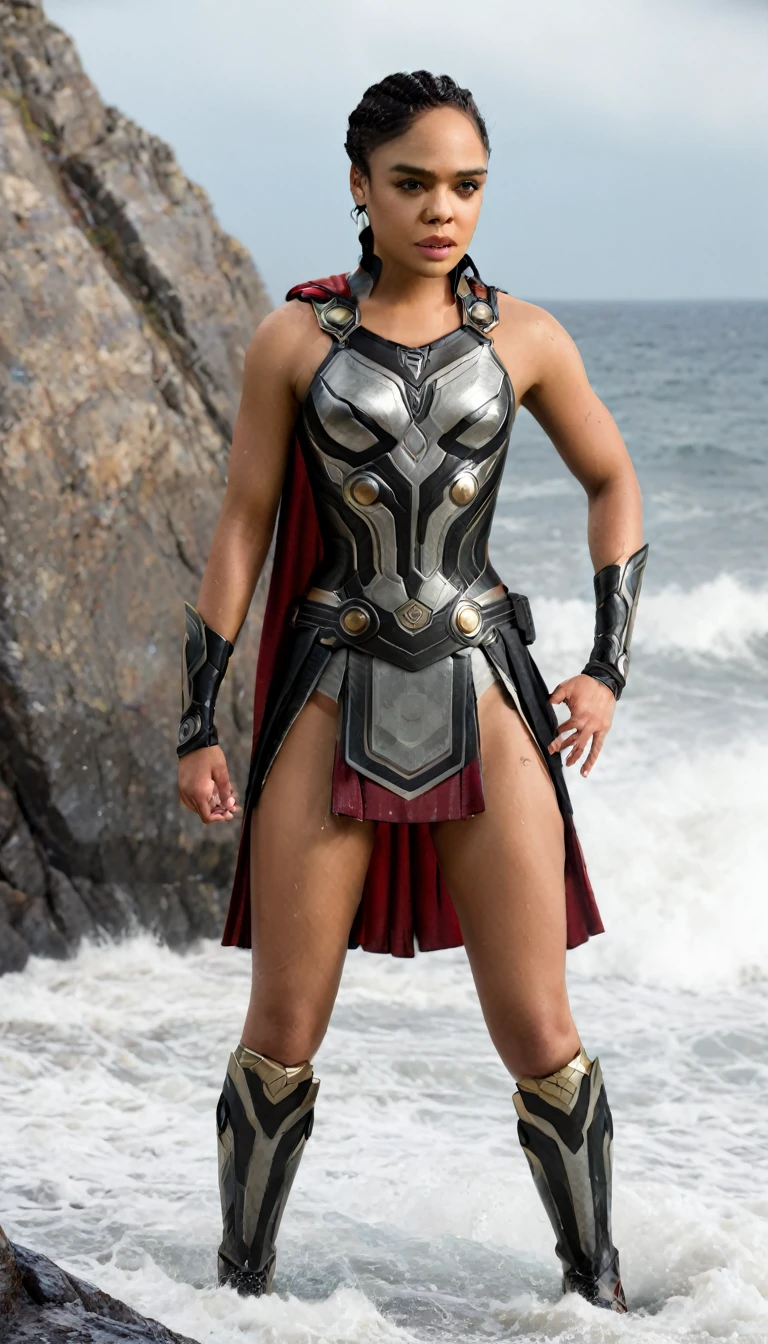 ((masterpiece)), (best quality), perfect anatomy, highres, detailed, (8k), photorealistic, best quality, ultra highres, ((detailed face)), a Realistic full body portrait of Tessa Thompson as Thor God Of Thunder in the iconic outfit from the Avengers Movies and MCU The costume depicted in the image is a meticulously crafted suit of armor, predominantly silver with black detailing and the 6 round disk that flank the torso. It features: Chest Plate: Embellished with circular, Norse-inspired motifs. Shoulder Armor: Layered metal pieces symbolize strength. Arm Coverage: Chainmail textures suggest flexibility and defense. Cape: A flowing red cape adds a majestic element. , wielding the mighty hammer above her head in a raging thunder storm waves crashing against the rocks in the background