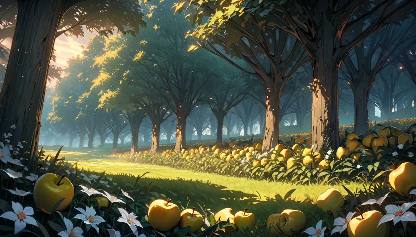 anime aestetics, dusk, tall grass, apple trees garden, a lot of trees, red and yellow apples on trees, dim light, calm and peaceful atmosphere, beauty of nature, little white flowers in the grass, smoke and light far at the background, few stars at the sky, perspective, atmospheric perspective, wide shot, wide shot, atmospheric perspective, perspective, highres, HD, 8k, award winning, best quality, highres, super detail, masterpiece, UHD, 4K, 8k, best quality, award winning, high details, super detail, masterpiece: 1.4