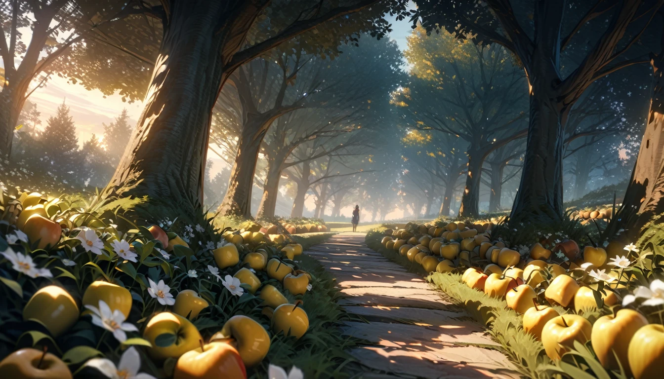 anime aestetics, dusk, tall grass, apple trees garden, a lot of trees, red and yellow apples on trees, dim light, calm and peaceful atmosphere, beauty of nature, little white flowers in the grass, smoke and light far at the background, few stars at the sky, perspective, atmospheric perspective, wide shot, wide shot, atmospheric perspective, perspective, highres, HD, 8k, award winning, best quality, highres, super detail, masterpiece, UHD, 4K, 8k, best quality, award winning, high details, super detail, masterpiece: 1.4