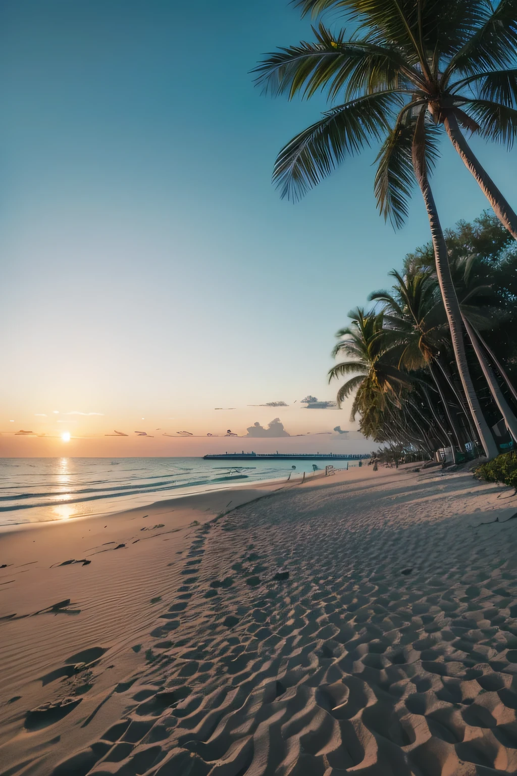 A tranquil sunset scene at a beach with tall, lush palm trees swaying in a gentle breeze. The sky is a gradient from light blue to purple with a few thin white clouds. The fine golden sand meets the crystal-clear, calm sea with shades of turquoise and emerald green. A few sailboats are on the horizon and birds are flying in the sky. The style is photorealistic, focusing on details and natural afternoon lighting, evoking feelings of tranquility, peace, and relaxation."
"size": "1024x1024",
