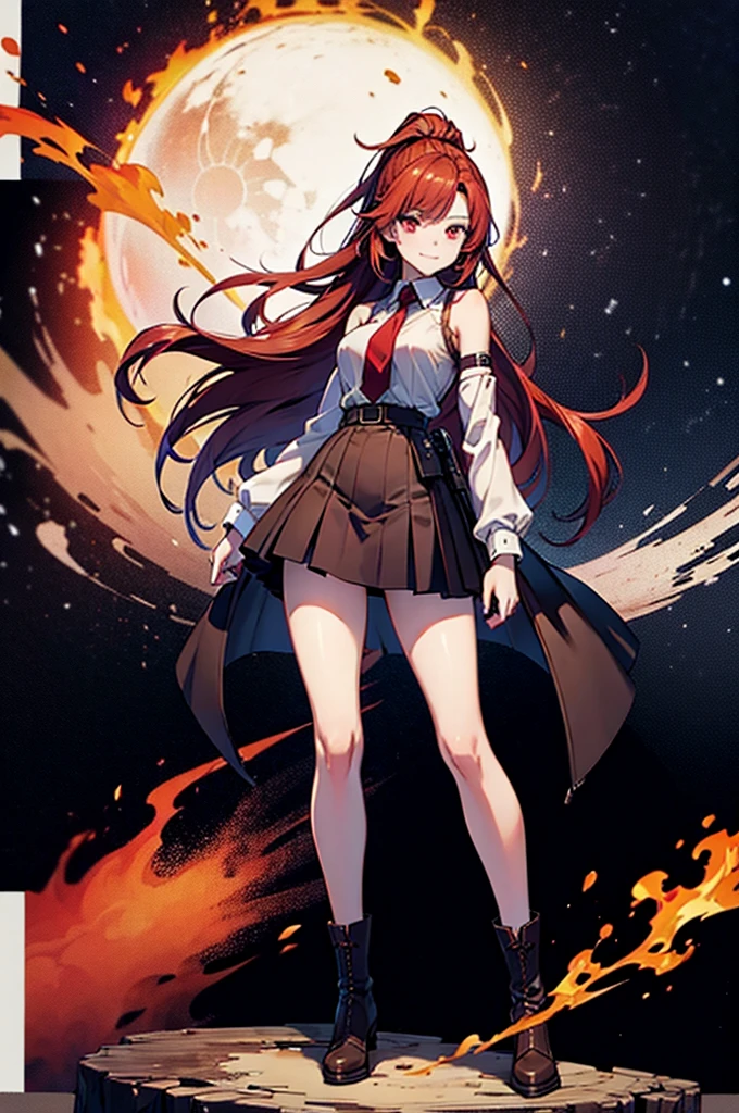 20 years old girl, long red hair, wears a ponytail, red eyes, always smiling. She dresses in an antique style, wearing a short brown skirt with black shorts underneath, ending above the knees. She wears knee-high brown boots. Her white blouse is sleeveless and features red details. She possesses fire powers and has a fire-themed background."