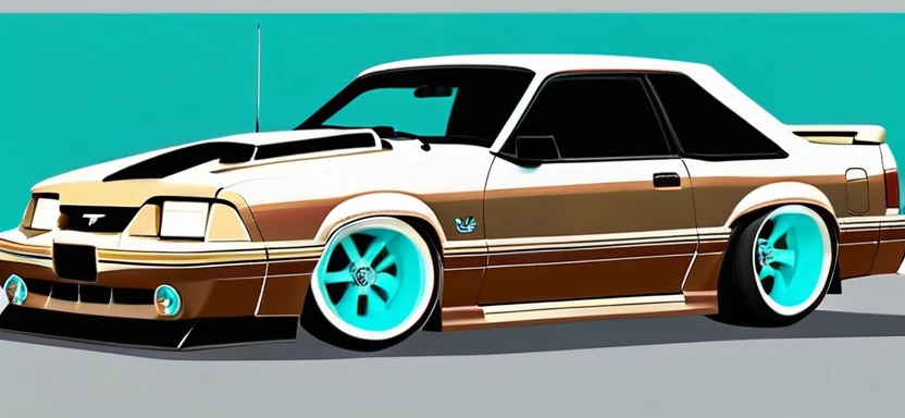 Beige and turquoise 1993 ford mustang, 2 door, pop art, cartoonish style,detailed, illustration, slammed to the ground, large black staggered wheels, wide body, masterpiece, highly detailed ((([simple grey background])))

