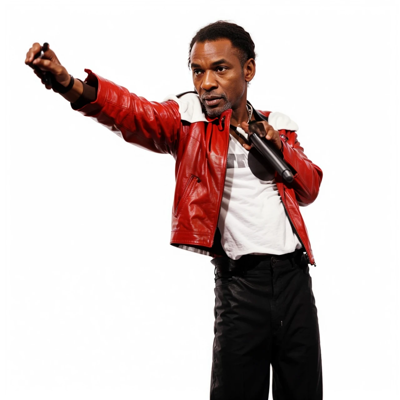 A Old Black man with receding hair line looking to left and wearing a red leather jacket with White Shoulder and wearing a Black pants and Standing on Floor and With hand raised and holding a microphone