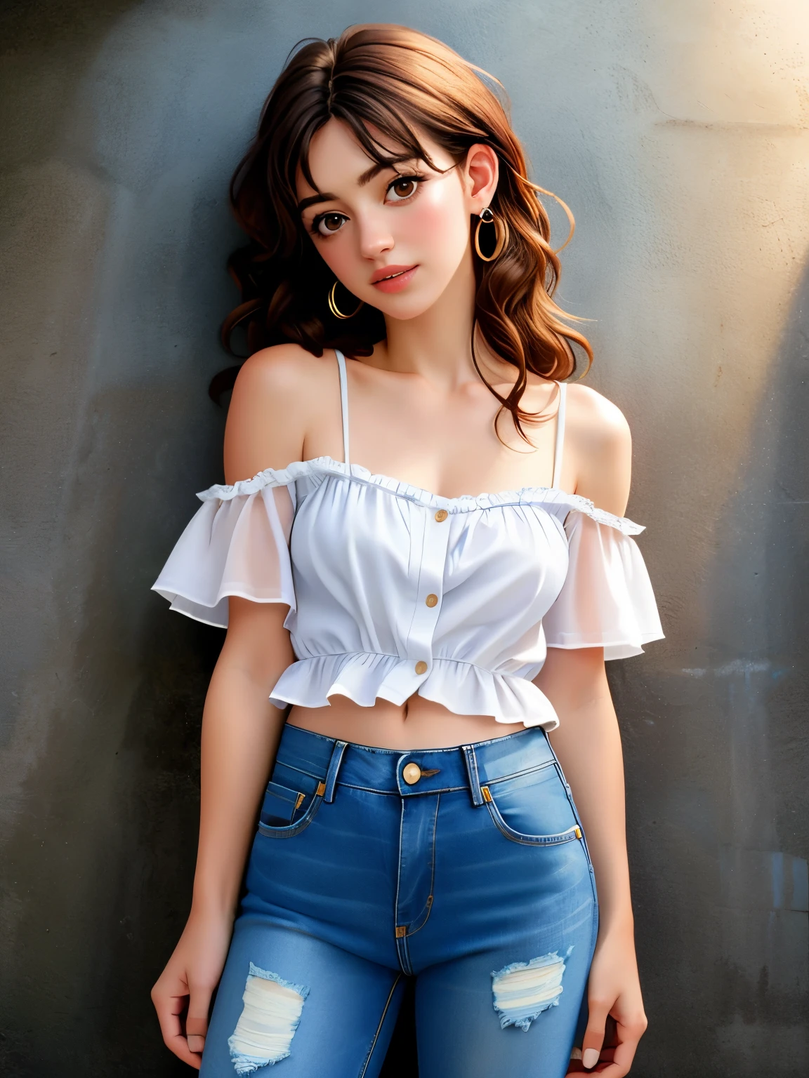 realisties Foto einer schönen Frau,1 girl,alone,Long hair,Viewers look at,simple backround,Brown hair,chemise,brown eyes,jewellery,jacket,white chemise,short sleeves,ear rings,parted lips,Hose,off shoulders,lips,Head tilt,Torn clothing,denim,t-chemise,Jeans,realisti,blue Hose,torn Hose,torn Jeans,denim jacket, soft lighting, professional photography, Photorealisti, Detailed, SPIRIT, analogue, keen focus, 8K, HD, good quality, masterpiece
