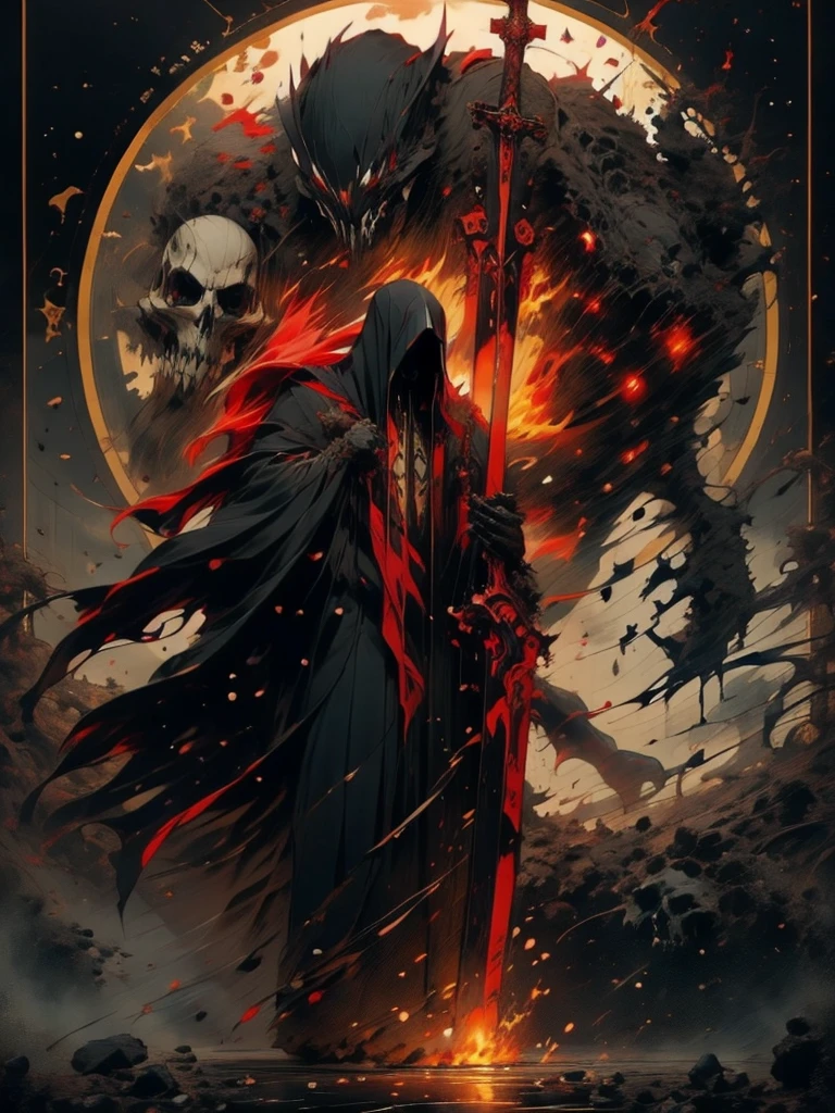 Official Art,demonio dHe infierno,black coat,(Shinigami ), (red theme:1.1), gold theme, scythe, estrHela negra,pile of skulls, cuerpo esquHeeto,impious,Red eyes,black Raven,He,cross chains, Tarot cards,8k,A high resolution,high sharpness,ultra-detailed,3D,
