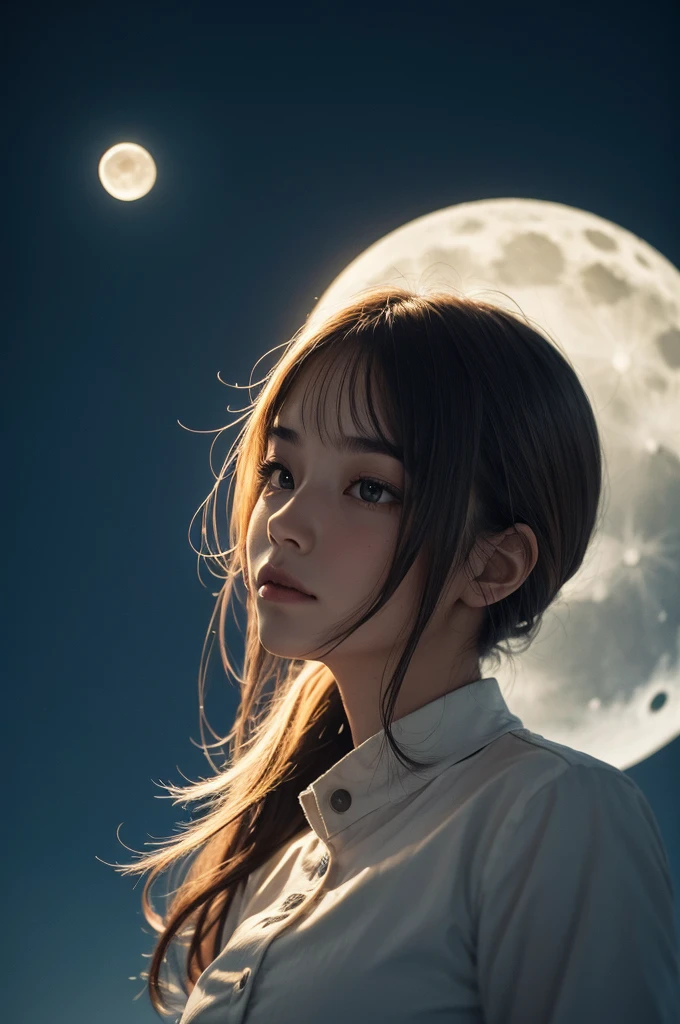 Woman, forst, It's night, Moon in the sky, A flying saucer in the sky