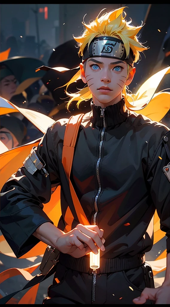 full body of naruto uzumaki,masterpiece, best quality, full detailed, 1boy, handsome,male,looking at viewer, naruto, Detailed blue eye,yellow hair,konoha realistic detail leaf headband,eye realistic,nose realistic,mouth realistic,skin realistic,face realistic,head realistic,body realistic, background art cinematic,backpack,big eye sharp, photorealistic, photoshoot, only three line in face.created in the style of Miki Asai with a close-up view, blue colour eye , capturing hyper-detailed textures trending on Artstation, sharp focus, taken as a studio photo showcasing intricate details, highly detailed, with the artistic influence of Greg Rutkowski, digital painting, ultra-clear, ultra-realistic.visually stunning and innovative 3D Parallax image with a cutting-edge 4D background
