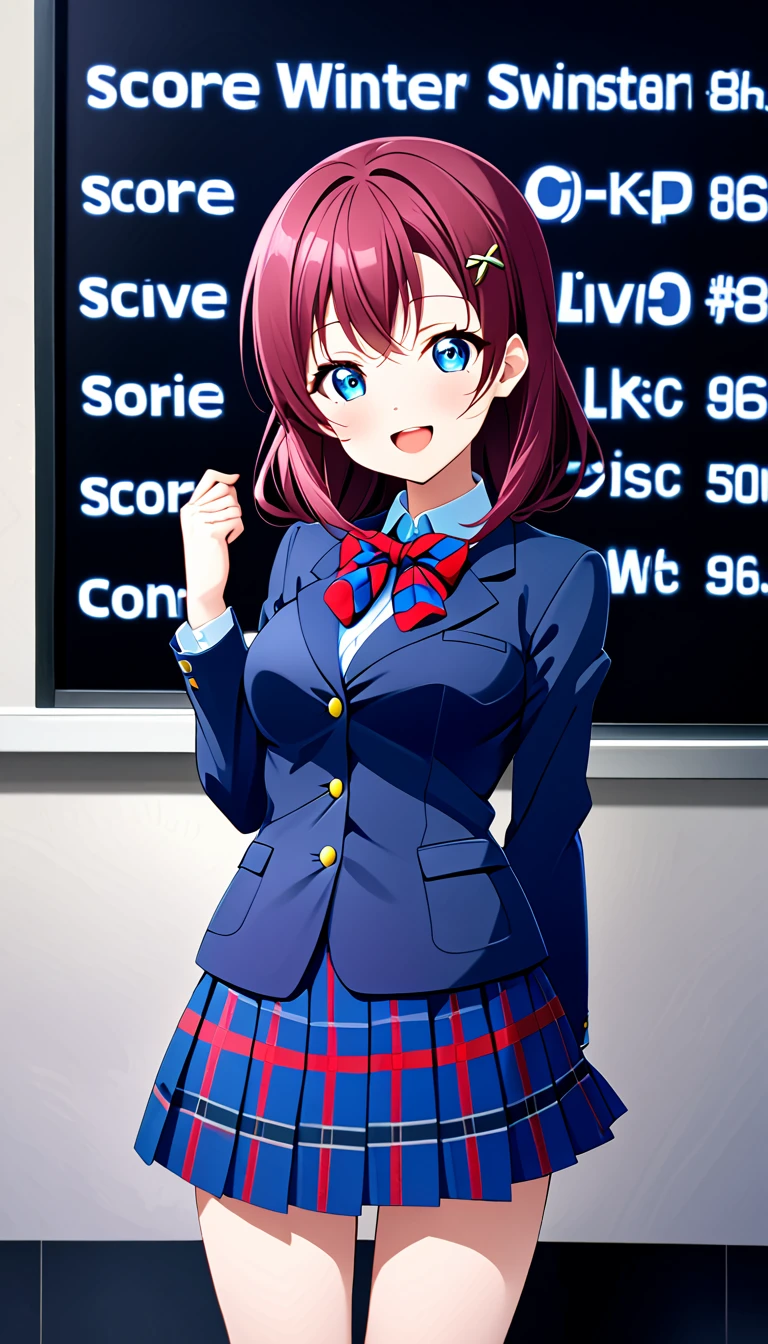 solo girl, AnjuYuuki,love live! medium breasts , otonokizaka winter uniform, red striped bow tie, navy blue blazer, blue striped skirt,socks,loafers,closed mouth,posing in akihabara,cowboy shot:d, (1girl), (solo),BREAK score_9, score_8_up, score_7_up, score_6_up, source_anime