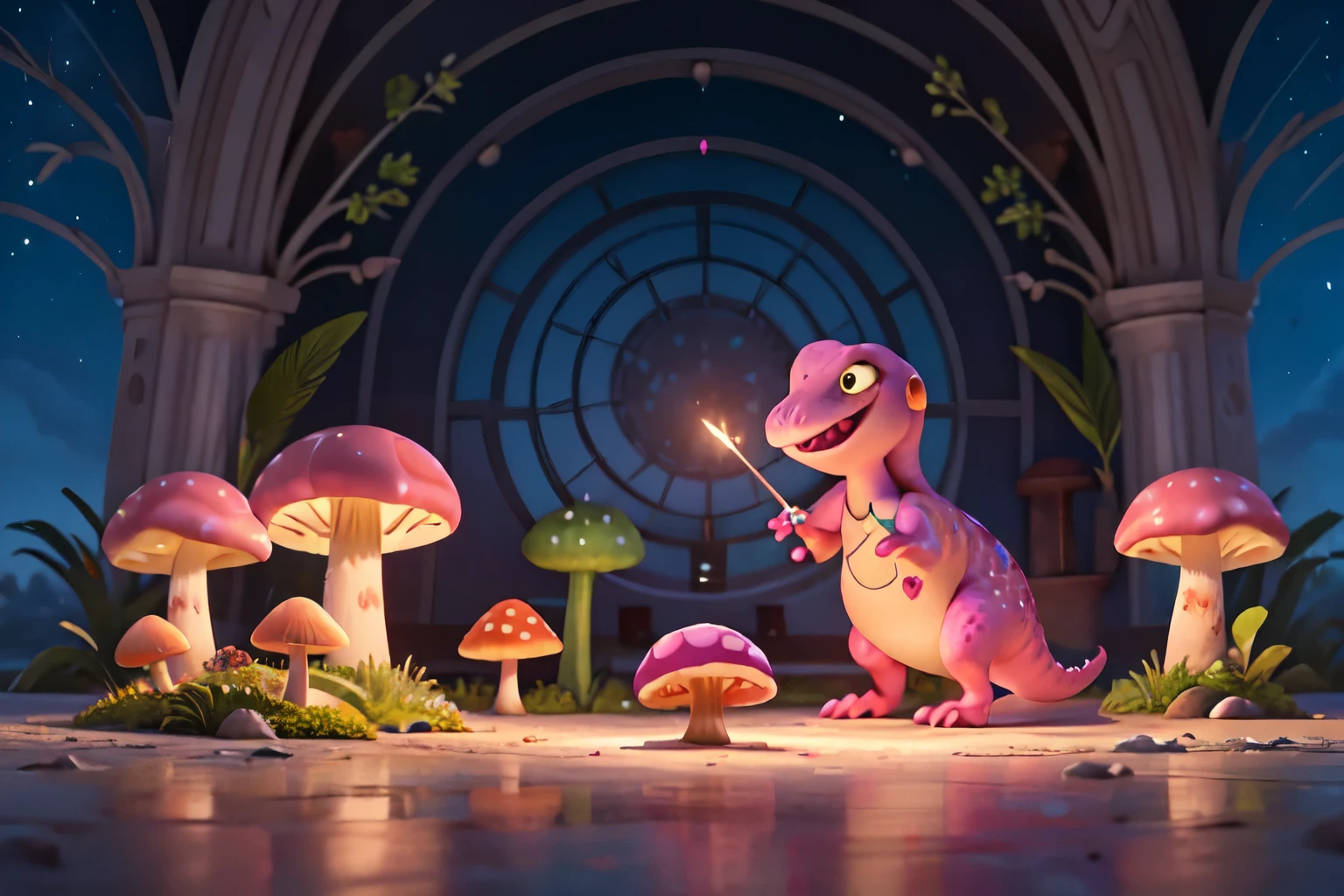 Cartoon style, (Pink Dinosaur), Pink Dinosaur, Graceful posture, Feather-like fins, Glittering Scales, Fantasy Forest, Magical atmosphere, Glowing Mushroom, Starry sky