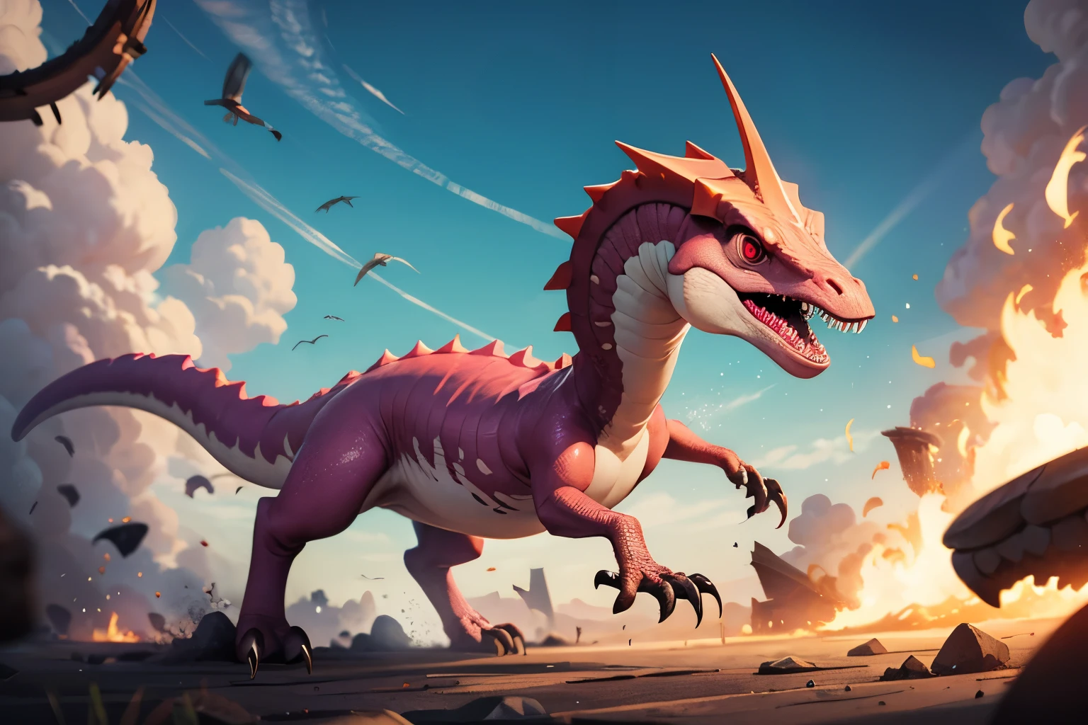 Cartoon style, (Pink Dinosaur), Pink Velociraptor, Slim body, Dynamic pose, Mischievous look, Action Scenes, Colorful background, Speed, Bursting with energy