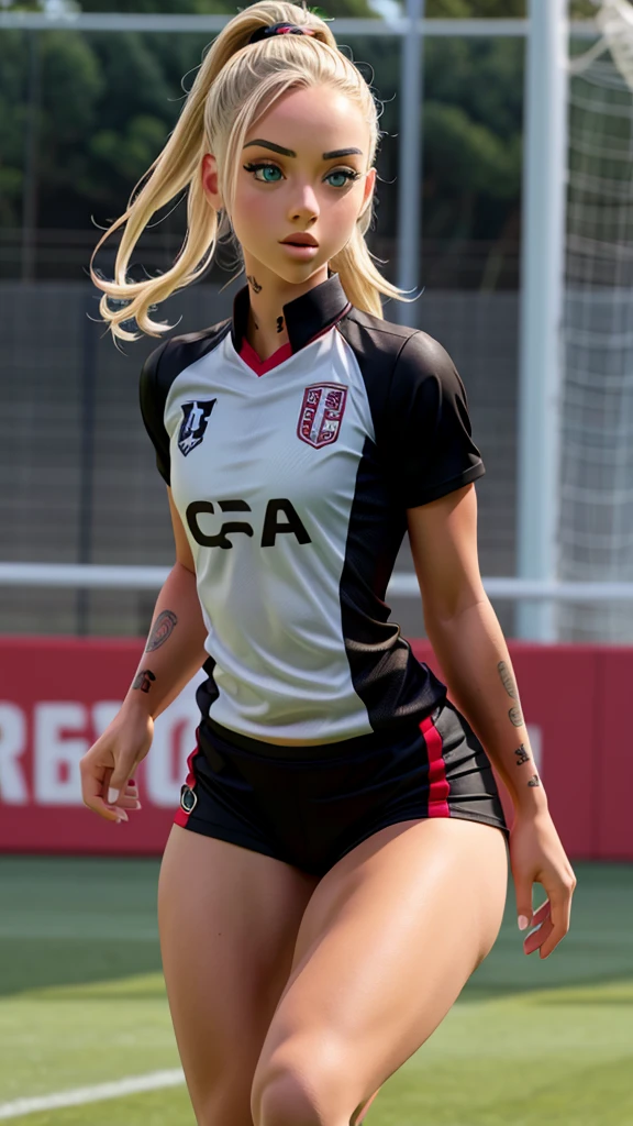 Alisha Lehmann sexy, she is playing football, wearing black uniform