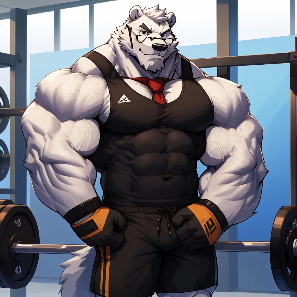 solo, 1boy, Huge Muscular White Polar Bear wearing glasses, huge white fur, pectoral, huge pectoral, wide pectoral, short white hair, blue colored short pants, blue colored wristbands and blue colored tank top, white bearded, white Mustache, white fur, gym background, masterpiece, high detailed, 8k, high resolution, at the gym, raising double biceps arms flex