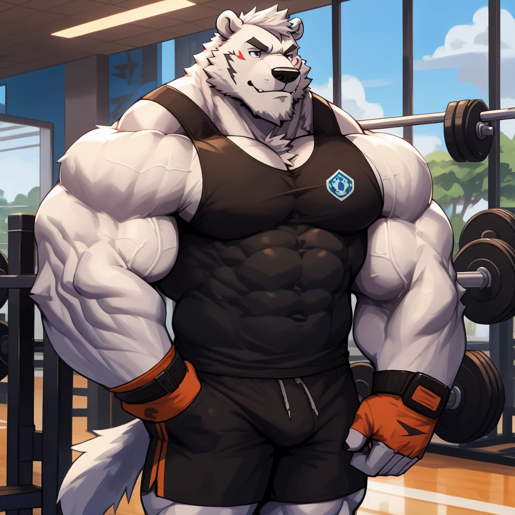 solo, 1boy, Huge Muscular White Polar Bear wearing glasses, huge white fur, pectoral, huge pectoral, wide pectoral, short white hair, blue colored short pants, blue colored wristbands and blue colored tank top, white bearded, white Mustache, white fur, gym background, masterpiece, high detailed, 8k, high resolution, at the gym, raising double biceps arms flex